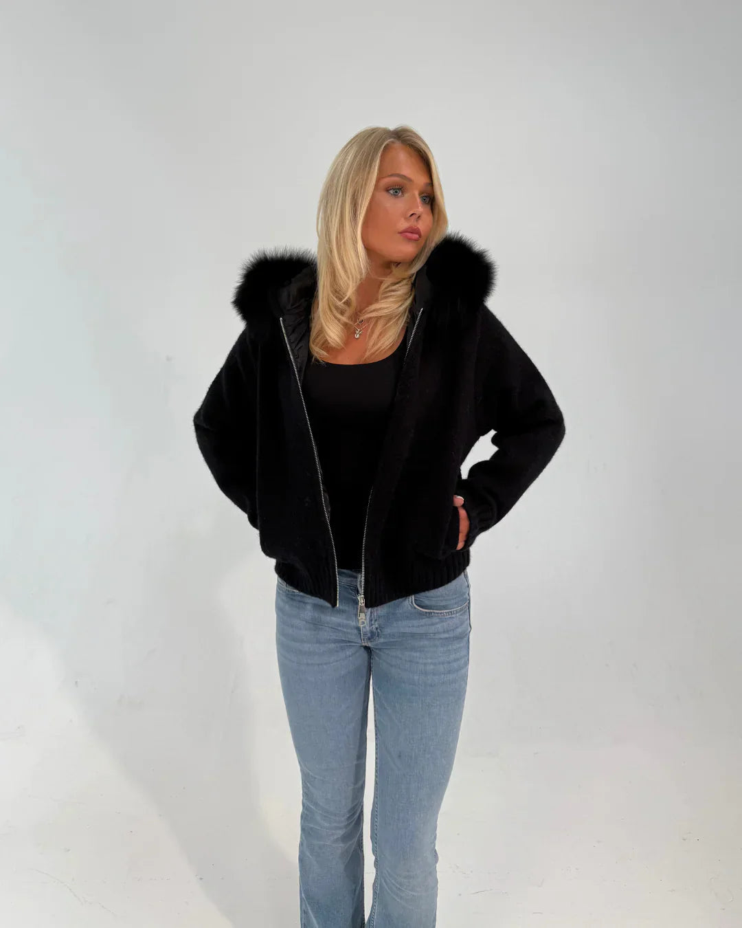 Numero - Fur Jacket Satin - Black